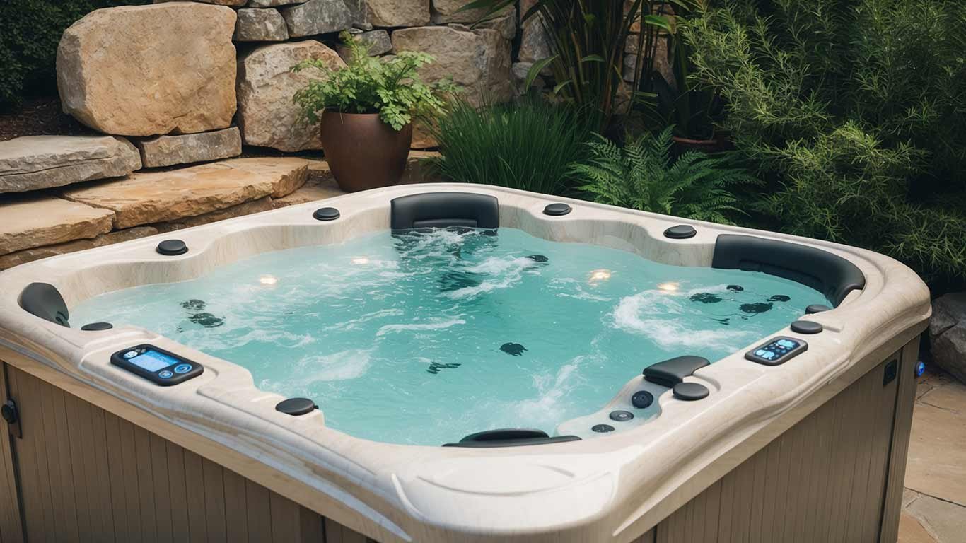 A well-maintained luxury hot tub in a backyard in Duluth, GA, showcasing clean water and efficient water jets. Surrounded by lush landscaping and natural stone, the spa is in excellent condition.
