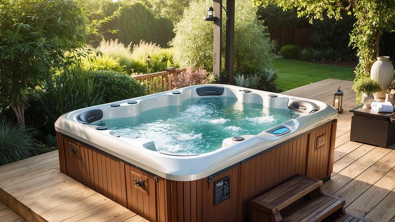 A hot tub in a residential backyard, showcasing repair or maintenance work. Surrounded by a clean wooden deck and lush landscaping, the hot tub is being serviced.