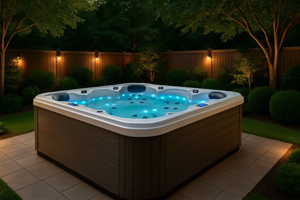 Premium hot tub installed on a backyard patio in Sandy Springs, GA, featuring massage jets, LED lights, and elegant landscaping.