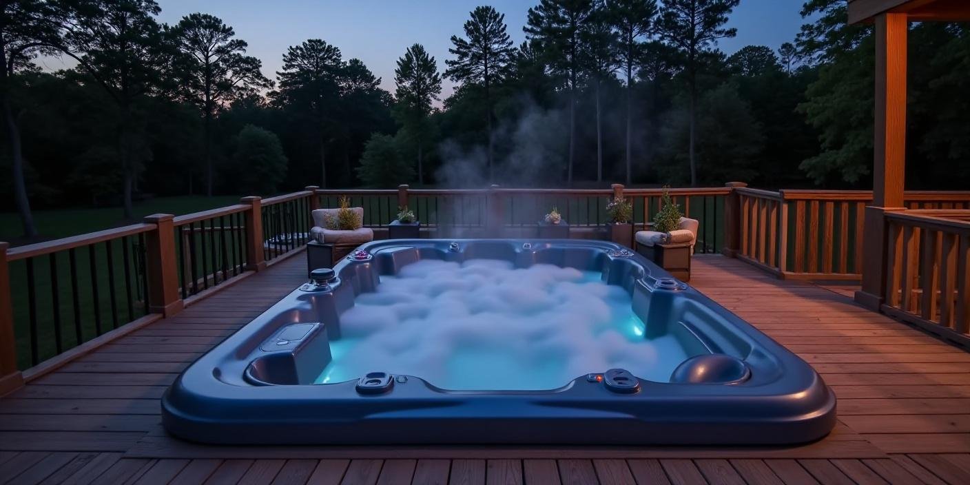 Installed luxury hot tub in a Woodstock GA backyard at sunset
