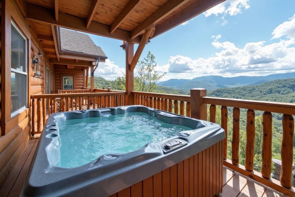 Modern hot tub installed on a Blue Ridge cabin deck with mountain views in the background.